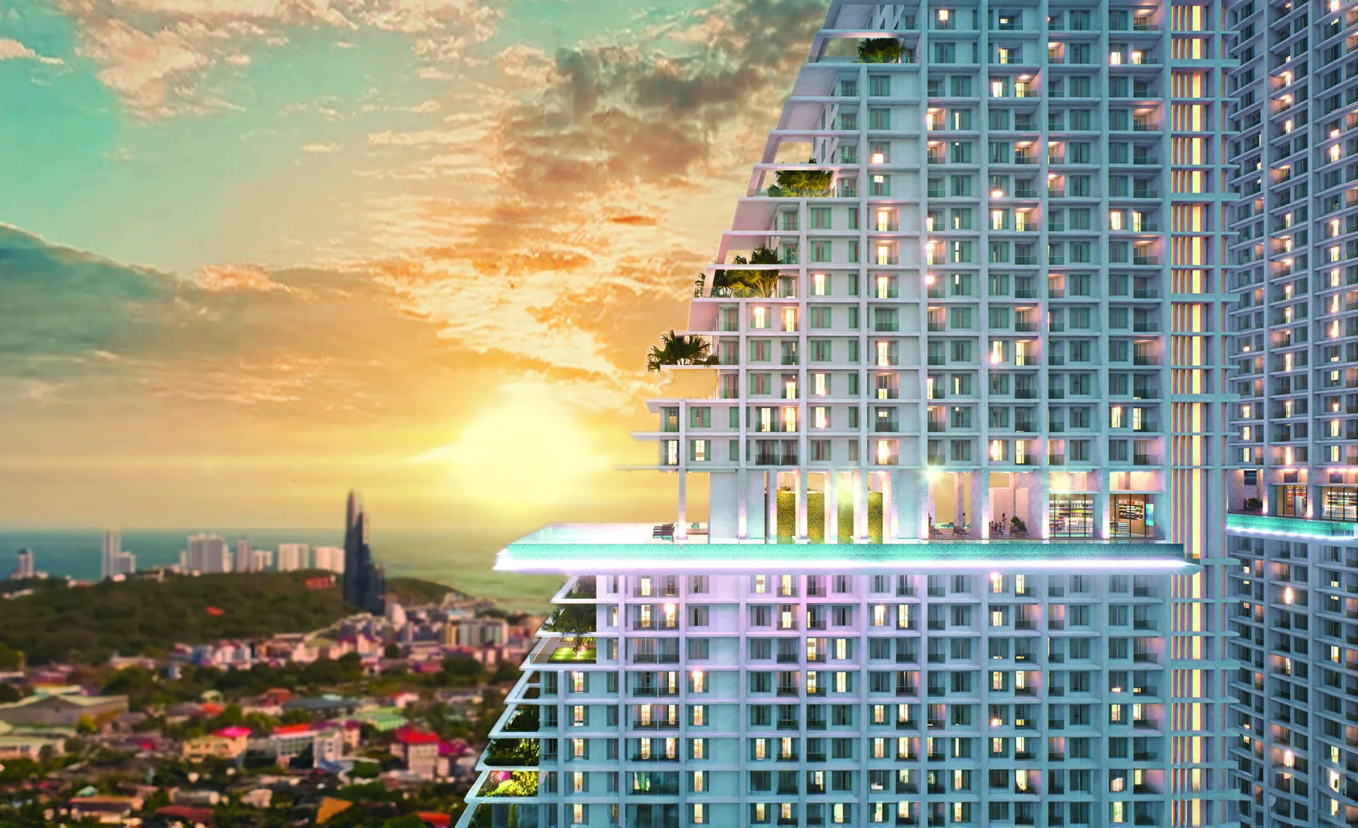 Buitenaanzicht des Gebäudes — bei Sonnenuntergang, Marina Golden Bay, Wongamat Beach, Pattaya — Sky Thai Property
