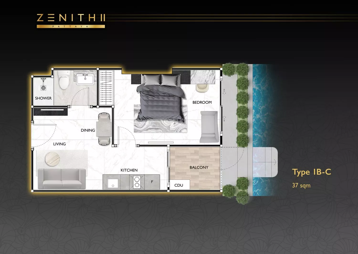 Plattegrond — 1-slaapkamer, Love It Wongamat, Wongamat Beach, Pattaya