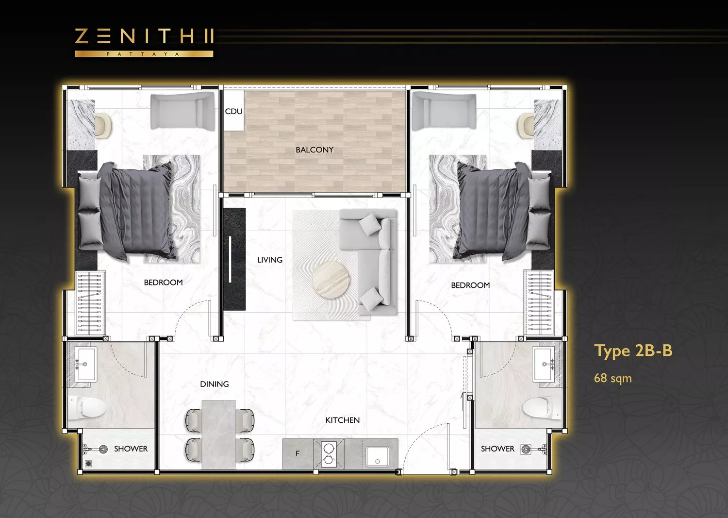 Plattegrond — 2-slaapkamer, Love It Wongamat, Wongamat Beach, Pattaya