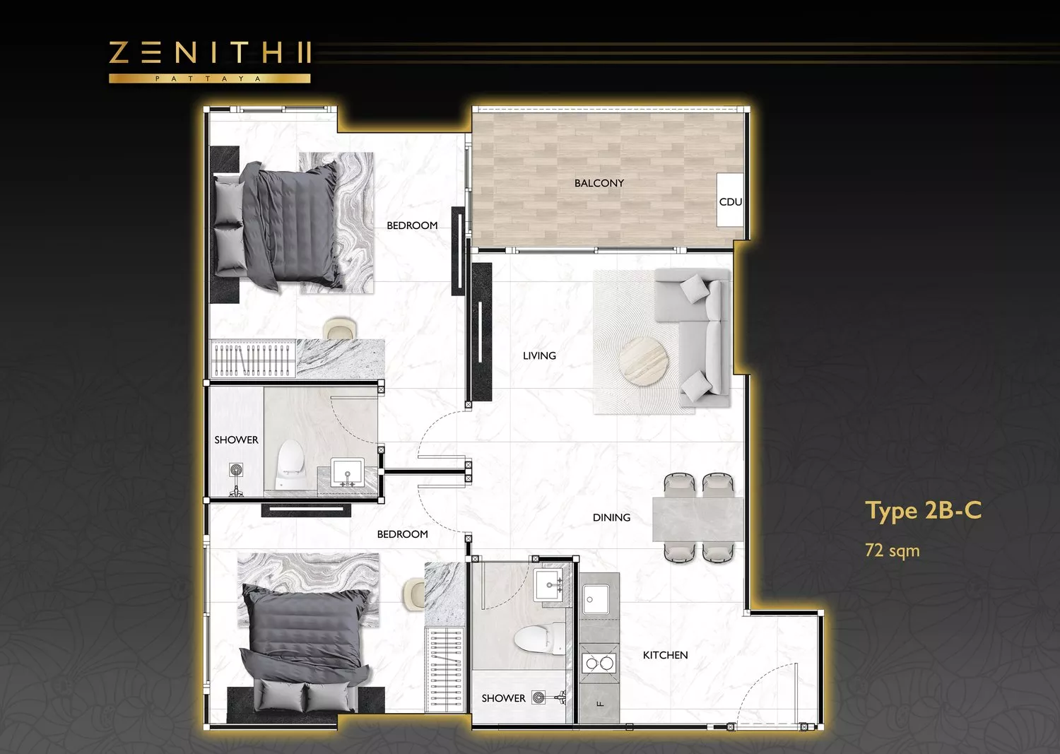 Plattegrond — 2-slaapkamer, Love It Wongamat, Wongamat Beach, Pattaya