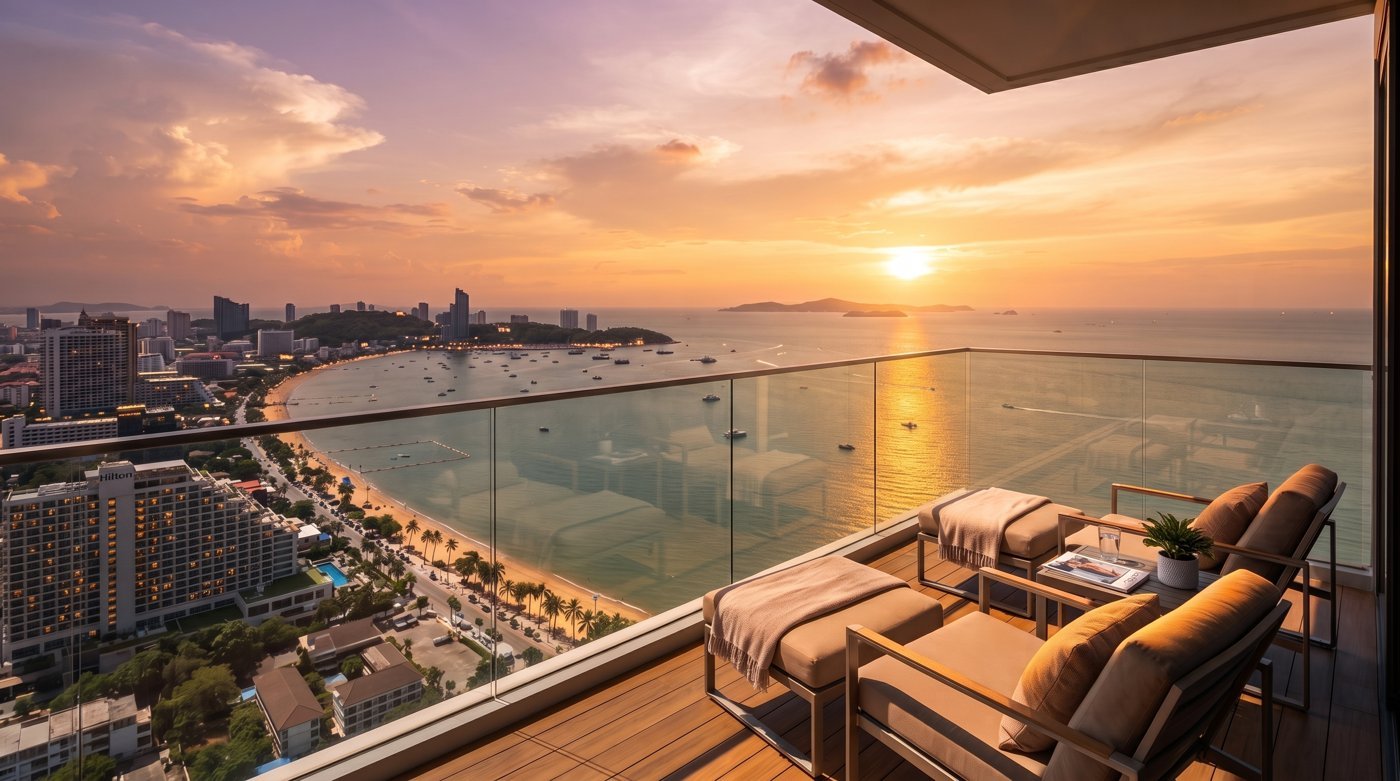 Zeezicht vanaf het balkon van een condo in Pattaya bij zonsondergang